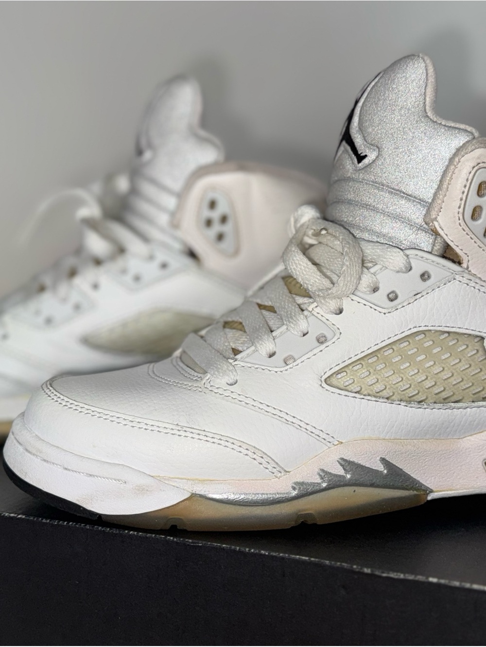 Women’s size 7.5/Mens size 6 Jordan 5 Retro White and Silver Women's Sneakers